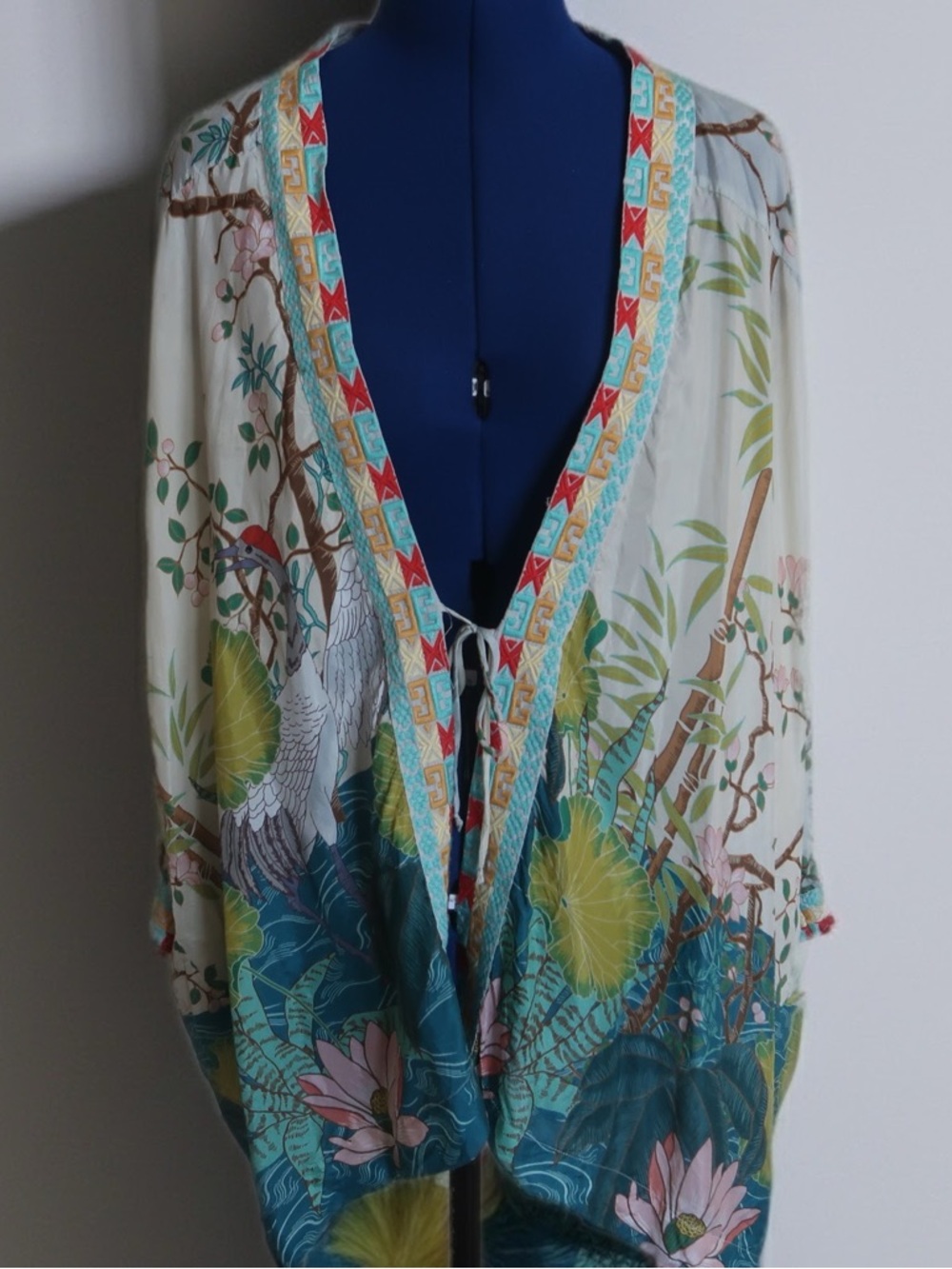 Tropical Crane Print Silk Kimono Cardigan in Cream & Teal